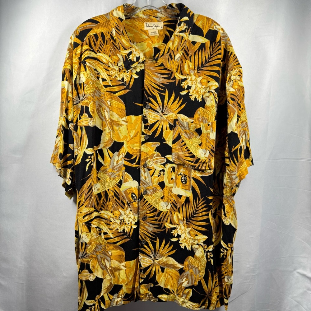 Panama Jack Men’s 3XL Black and Gold Hawaiian Button Down Shirt SS Rayon